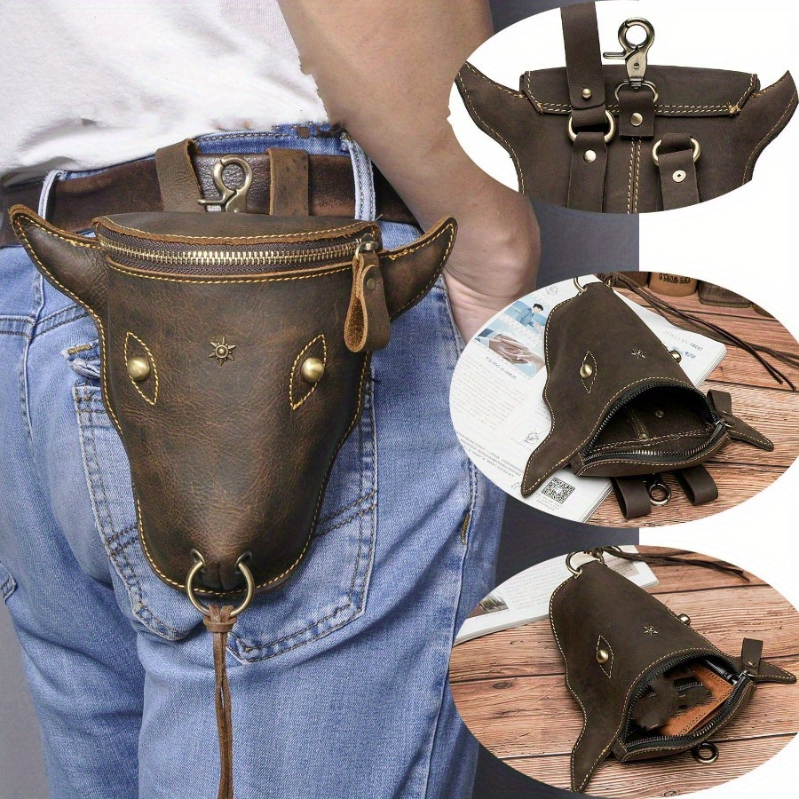 

1pc Vintage Leather Waist Bag Crazy Horse Leather Men's Bag Retro Handmade Leather Belt Bag Men's First Layer Small Satchel Mobile Phone Bag