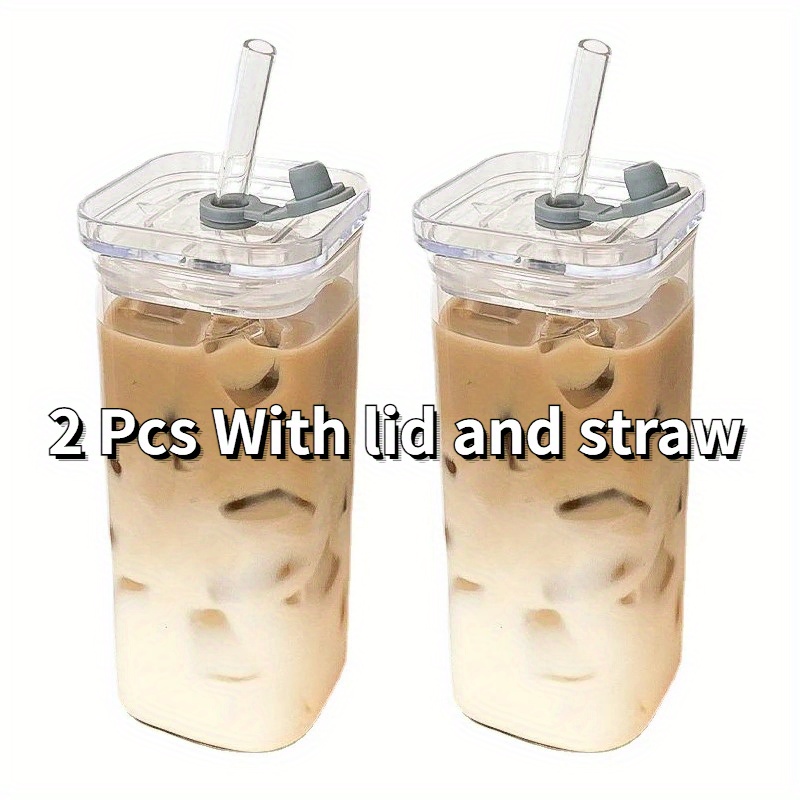 

2 Pcs Square Heat Resistant Glass Cups With And Straws: , Coffee, And Juice - Made Of Glass