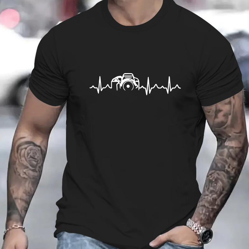 

Camera Print, Men's Round Crew Neck Short Sleeve, Simple Style Tee Fashion Regular Fit T-shirt, Casual Comfy Breathable Top For Spring Summer Holiday Leisure Vacation Men's Clothing As Gift