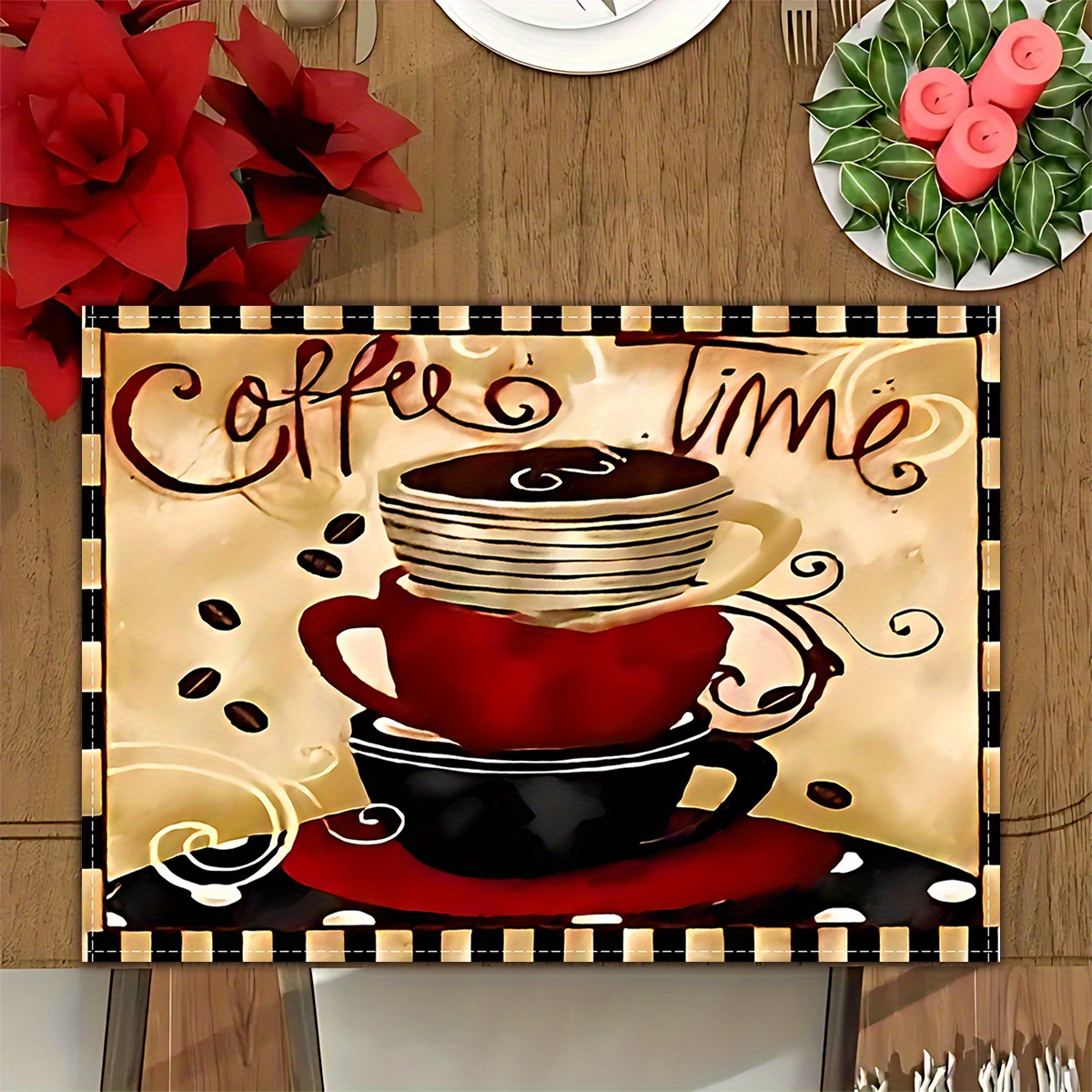 

Coffee Time Themed Place Mats Set Of 1/4/6/8/12 - Washable Knit Fabric Rectangular Table Mat For Home, Kitchen, Café Decor - Durable Polyester Dining Table Pads