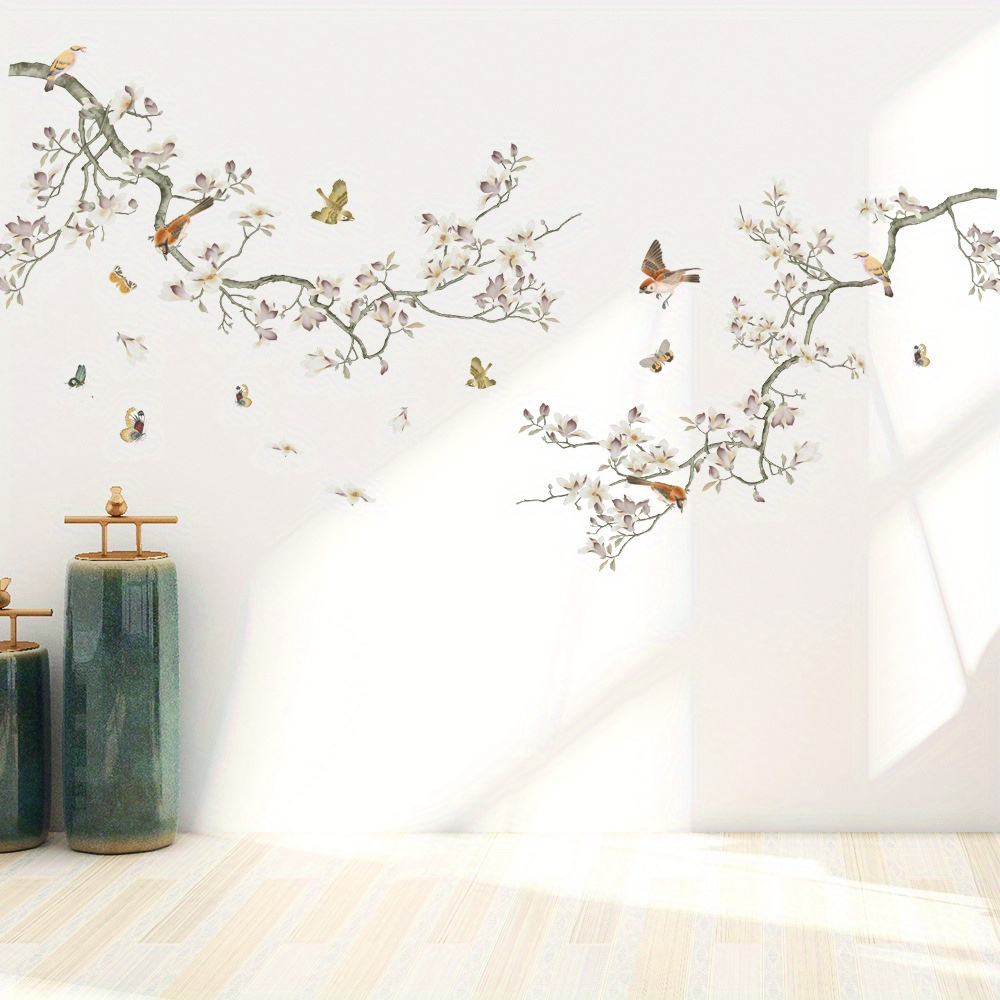 Image of 3pcs Nature-inspired Wall Stickers - Self-adhesive Tree Branches, Birds & Butterflies Room, Bedroom, Or Dining Room Decor, Modern Pvc Art With Vibrant Colors And Realistic Details