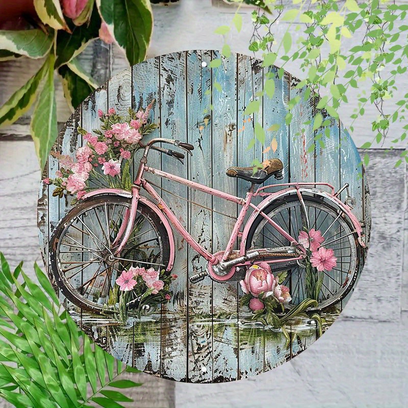 

Aluminum Tin Sign With Bicycle And Floral Wreath Design, 8x8 Inch, Waterproof And Weather Resistant, Pre-drilled For Easy Hanging, Hd Printing, Perfect For Home And Office Decor - Qy1862