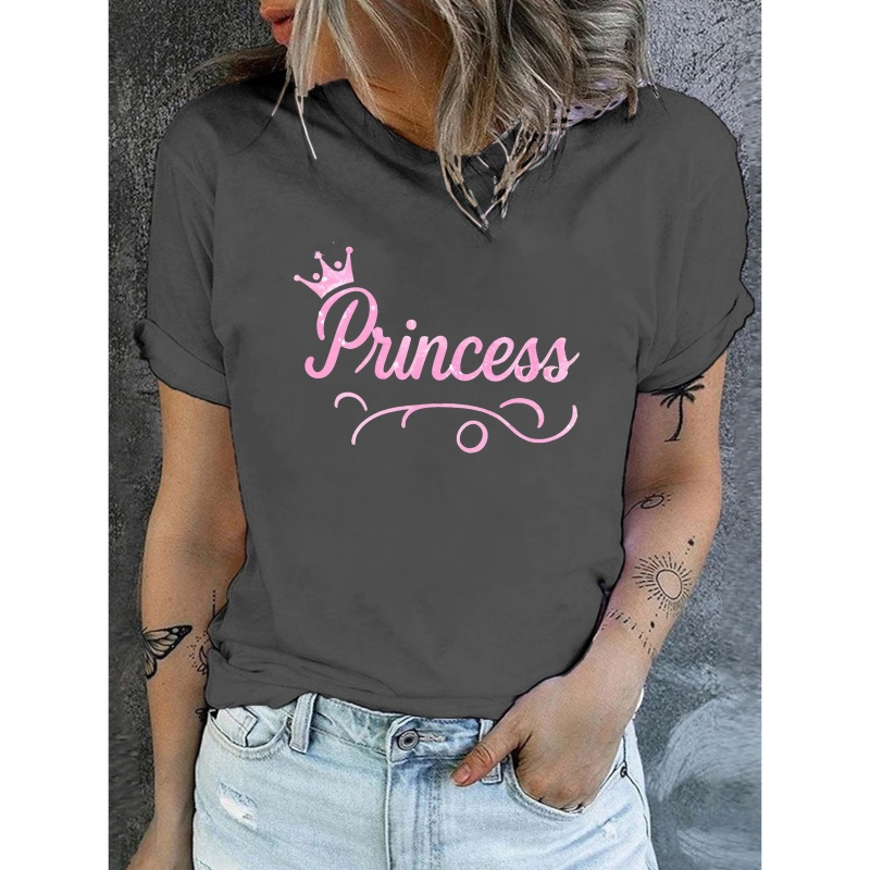 

T-shirt imprimé avec lettre de princesse, haut décontracté à manches courtes et col rond pour l'été et le printemps, vêtements pour femmes