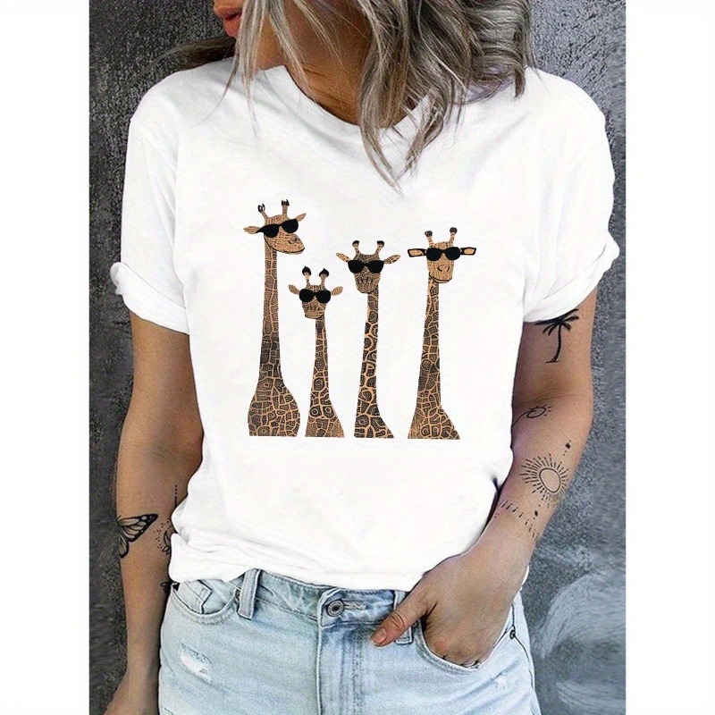 

Giraffes Print T-shirt, Short Sleeve Crew Neck Casual Top For Summer & Spring, Women's Clothing