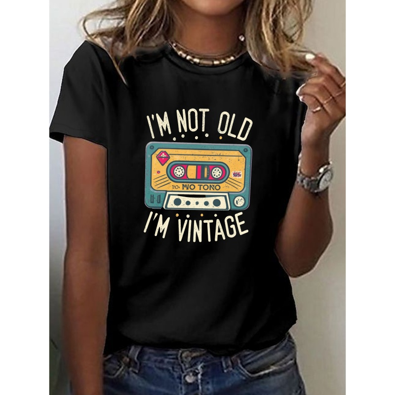 

Vintage Cassette Print T-shirt, Short Sleeve Crew Neck Casual Top For Summer & Spring, Women's Clothing
