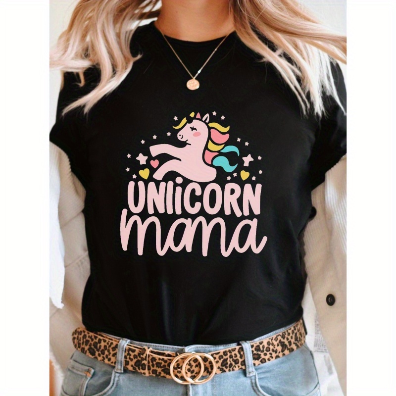 

Unicorn Print T-shirt, Short Sleeve Crew Neck Casual Top For Summer & Spring, Women's Clothing