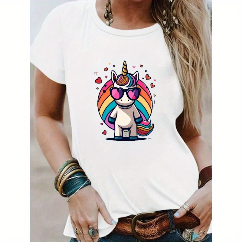 

T-shirt à imprimé licorne mignon, haut décontracté à manches courtes et col rond pour l'été et le printemps, vêtements pour femmes.