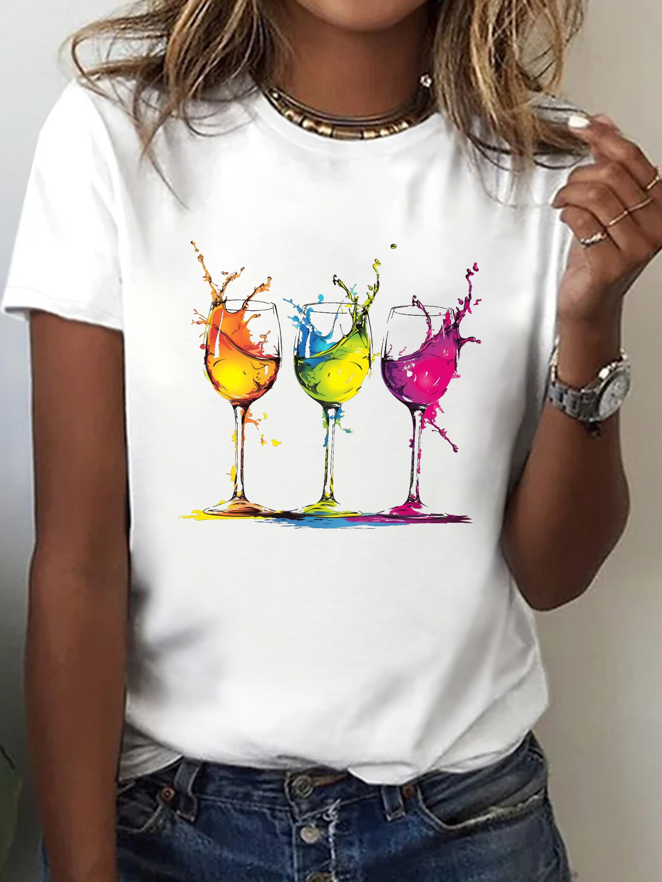 t shirt imprimé verres à vin haut décontracté à manches Temu France