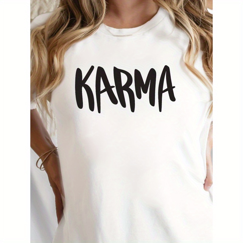 

For Karma Graphic Tee For Women - Soft Polyester & Spandex , Short Sleeve Crew Neck, Casual Summer & Spring Top