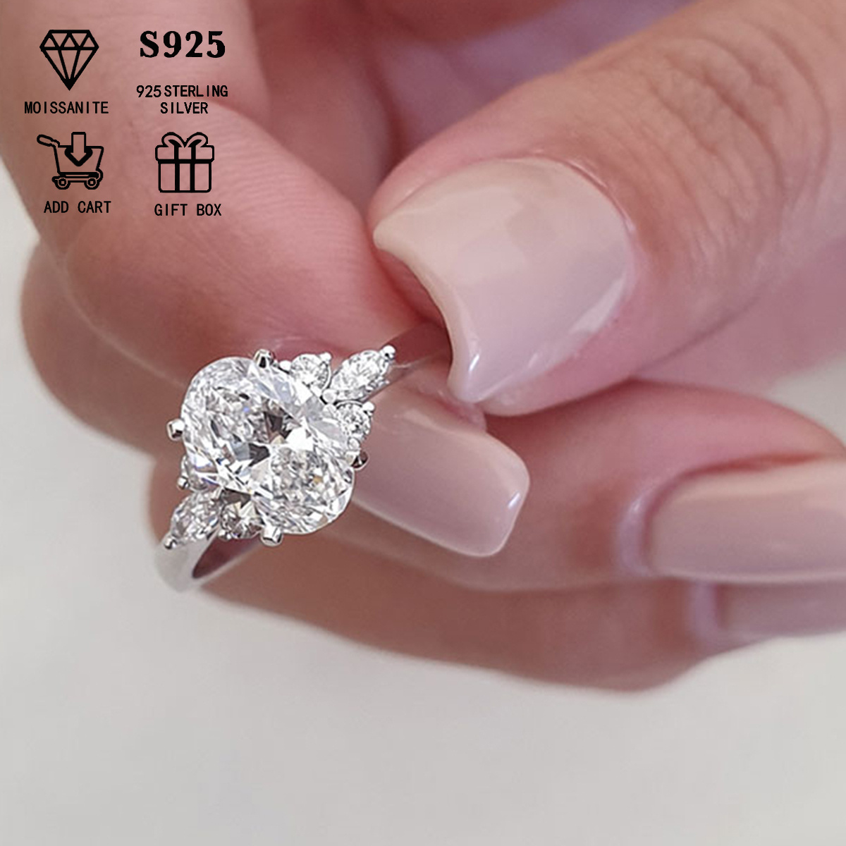 Silvery S925 2ct Moissanite Oval Diamond Ring