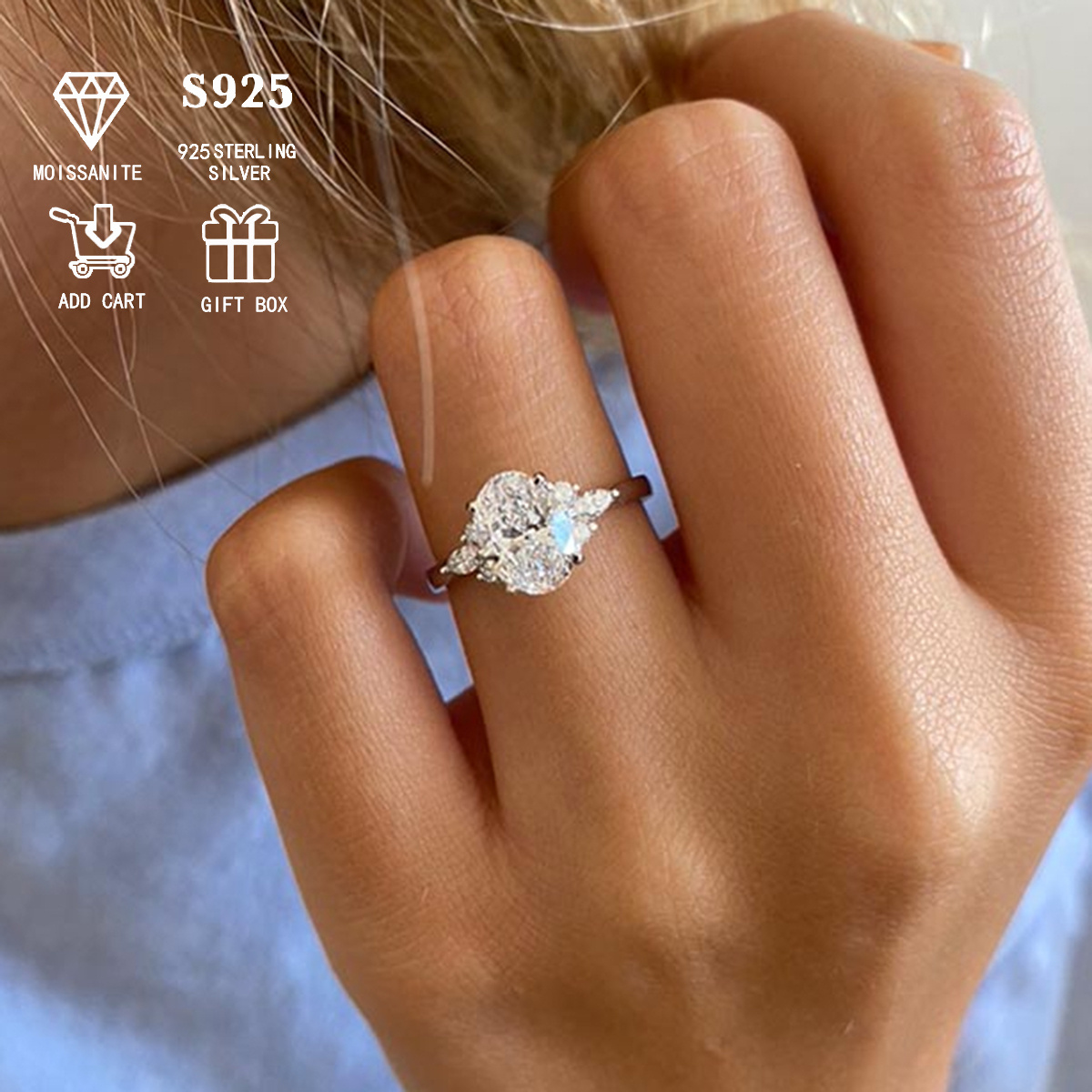 Silvery S925 2ct Moissanite Oval Diamond Ring