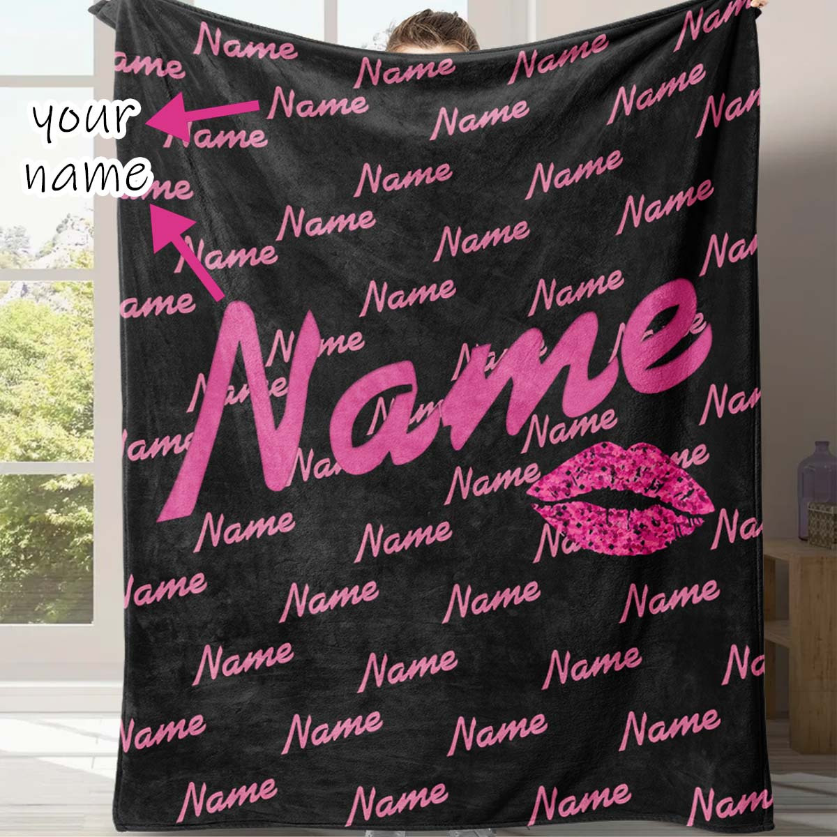 

1pc Custom Blanket Rose Pink Lips With Rose Pink Creative Name Customized Blanket Girlfriend Birthday Gift Holiday Gift 4 Seasons Flannel Blanket