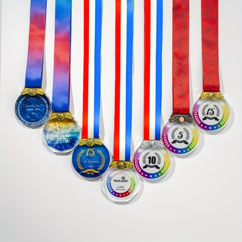 

1pc, Customized Personalized Crystal Trophy Medal With Color Logo Option, Customizable Diy Personalized Award With Ribbon For Sports Victory, Championship
