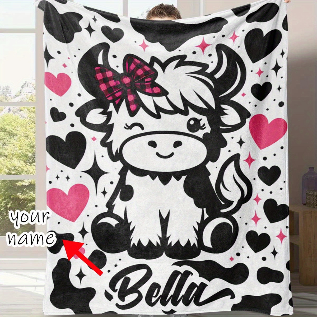 

1pc Custom Blanket Cute Cartoon Big Eyes Cow With Pink Love Heart Star Glitter Creative Name Customized Blanket Girlfriend Birthday Gift Holiday Gift 4 Seasons Flannel Blanket