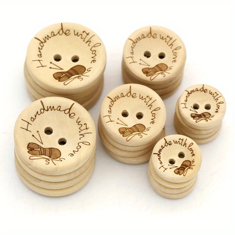 

50pcs Wooden Buttons With "handmade With Love" And Yarn Pattern - Mixed Color Round Sewing Buttons For Clothing, Scrapbooking, And Crafts