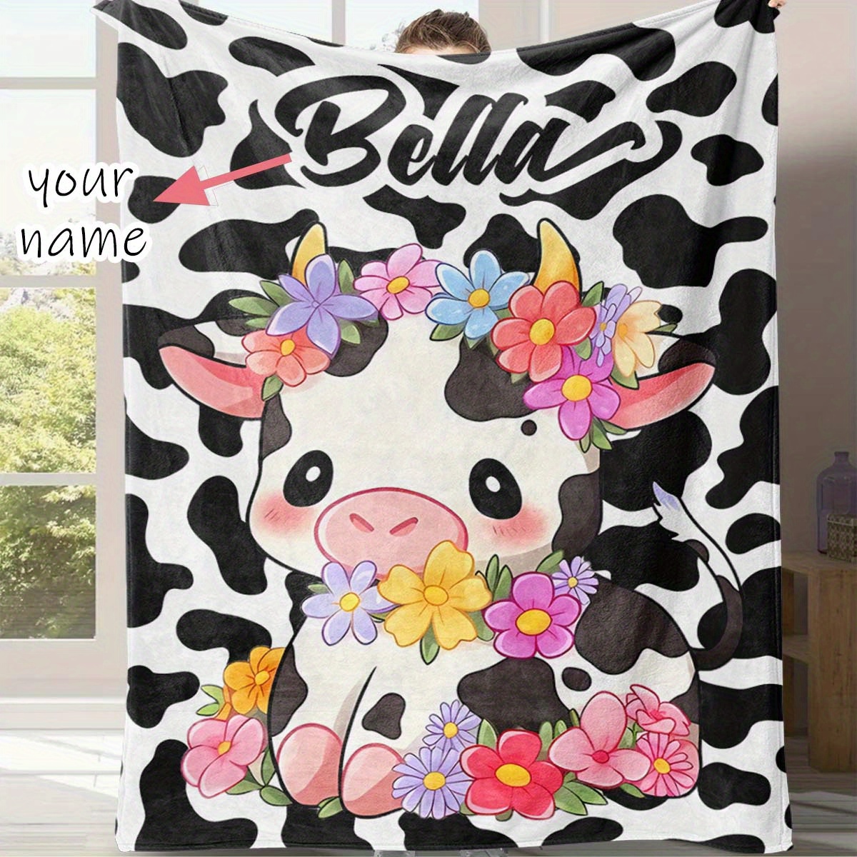 

1pc Custom Blanket Cute Cartoon Big Eyes Cow With Flowers Creative Name Custom Fashion Pattern Blanket Girlfriend Birthday Gift Holiday Gift 4 Seasons Flannel Blanket