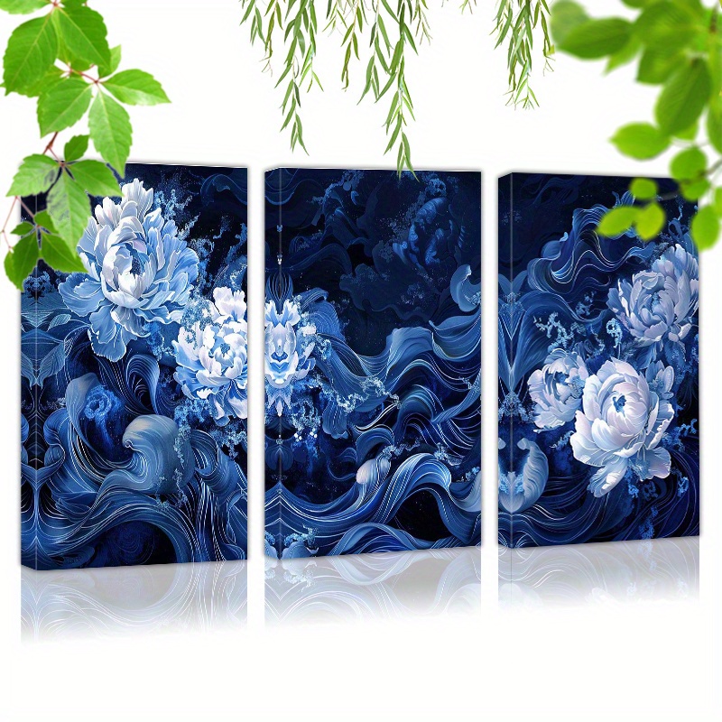 

Framed Set Of 3 Canvas Wall Art Ready To Hanga Blue And White Painting Of Flowers (4) Wall Art Prints Poster Wall Picrtures Decor For Home