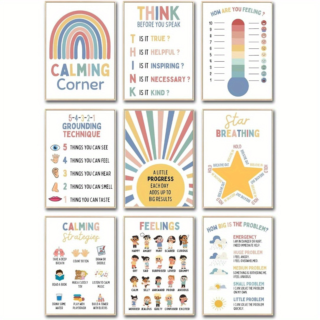 

9-piece Boho Calming Corner Posters Set - Frameless Mental Health & Relax Decor For Classroom, Preschool, And Home School - Ideal For Teachers, Counselors, And Therapists