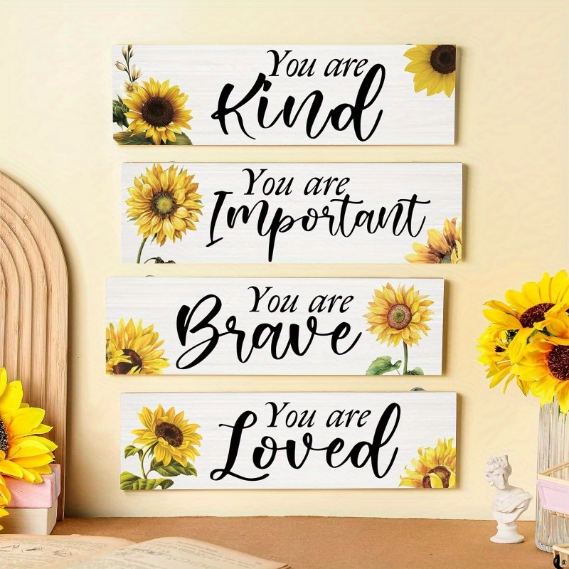 

4-piece Sunflower Inspirational Wall Art Set - 'you Are Kind' Rustic Wooden Signs For Home & Classroom Decor, Perfect Gift For Women