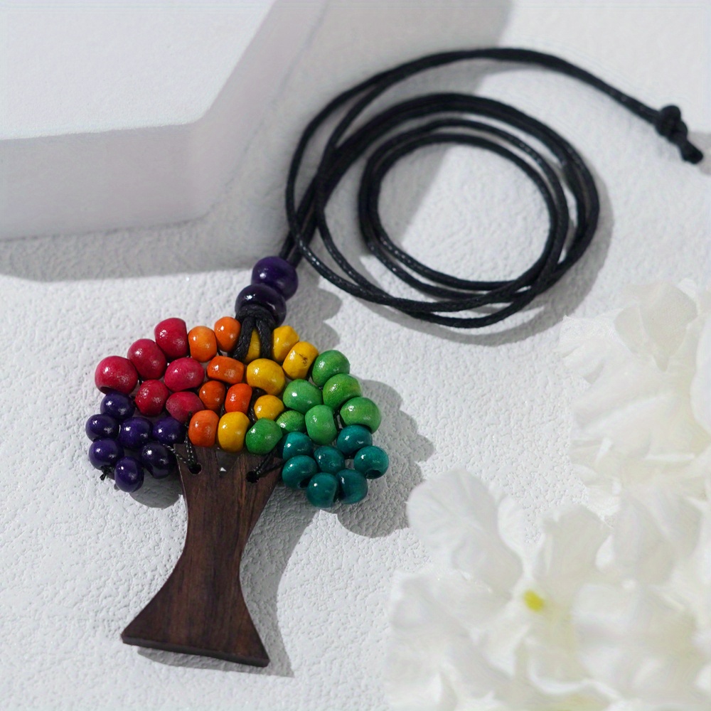 

1pc Bohemian Ethnic Style Colorful Bead Weaving Pendant Necklace, Wooden Bead Tree Necklace Jewelry For Daily Wear