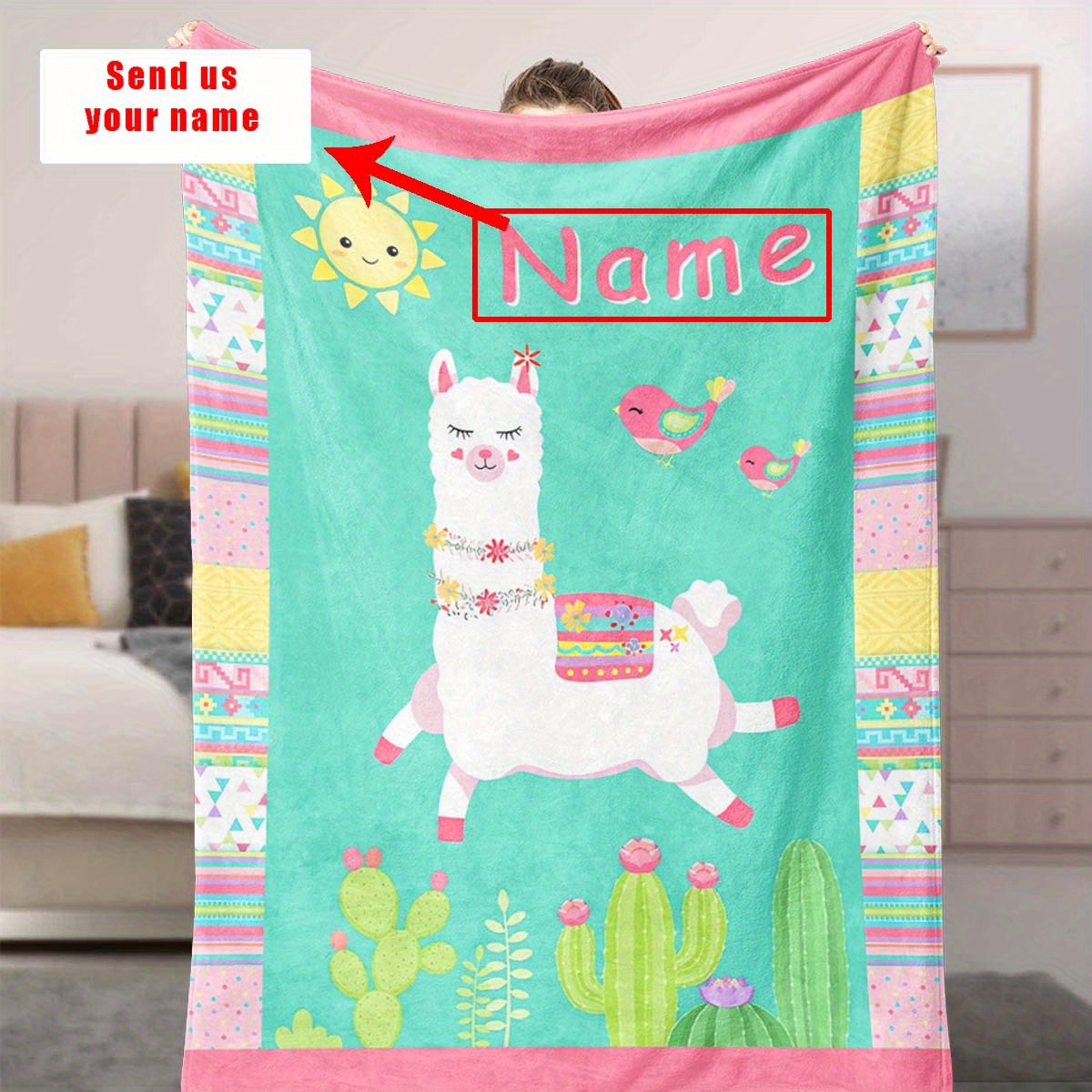 

1pc Name Custom Blanket, Cute Alpaca Pattern 4 Seasons Home Blanket