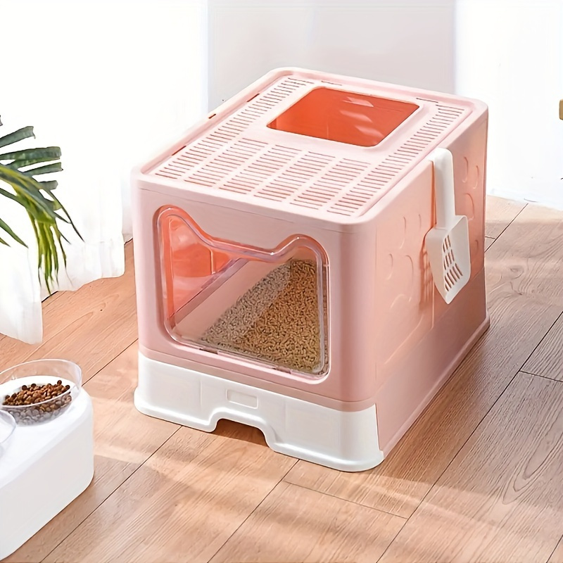 

1pc Deluxe Pink Enclosed Cat Litter Box With Ventilated Lid - Foldable, High-sided Design For Hygiene, Easy , Top Entry & Side Handle, Ps Material, Cats Up To 22 Lbs