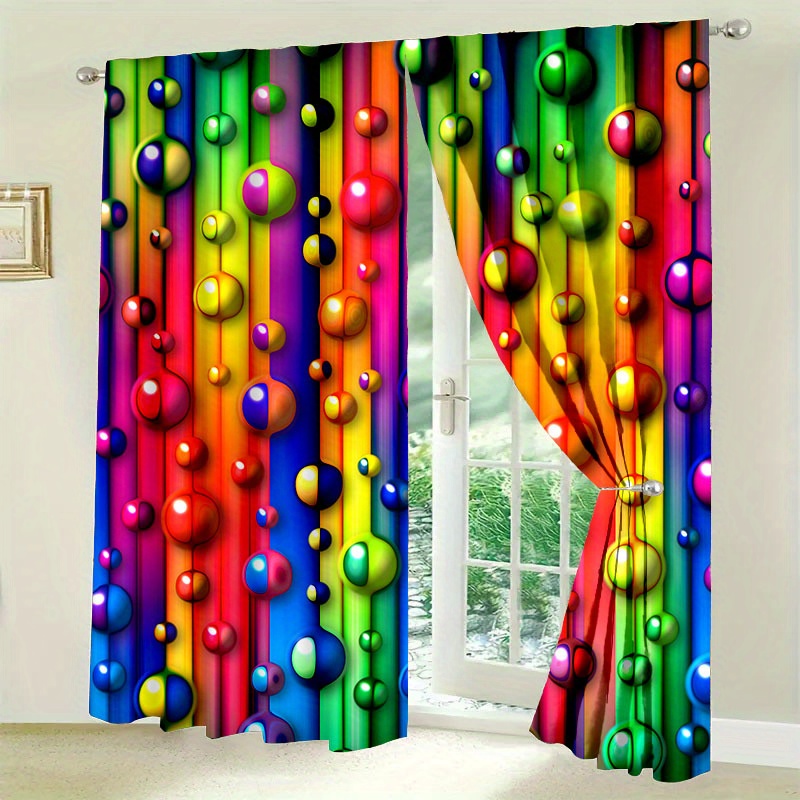

2pcs Polyester Raindrop Curtain Set, Decorative Art Style, Colorful Bead Print, Room Darkening Drapes For Home Decor