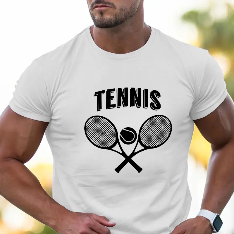 

Tennis Print, Men's Round Crew Neck Short Sleeve, Simple Style Tee Fashion Regular Fit T-shirt, Casual Comfy Breathable Top For Spring Summer Holiday Leisure Vacation Men's Clothing As Gift