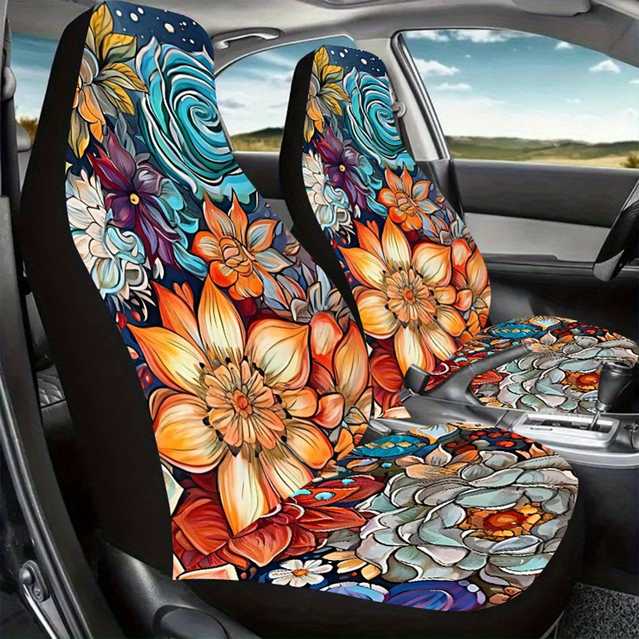 

Bohemia Mandala Universal Car Seat Covers, 2pcs Polyester Fiber Ventilated Seat Protectors For All Seasons, Floral Design Car Interior Accessories