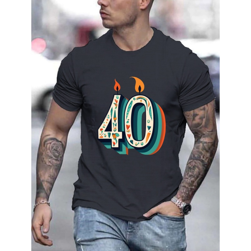 

Birthday Candle "40" Print Crew Neck T-shirt For Men, Casual Short Sleeve Top, Men's Clothing For Summer Daily Wear
