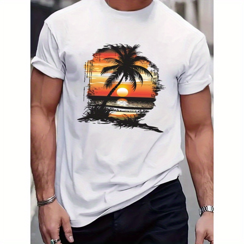 

Men's & Palm Print T-shirt - Casual, Breathable Polyester, Crew Neck, Short Sleeve - Summer