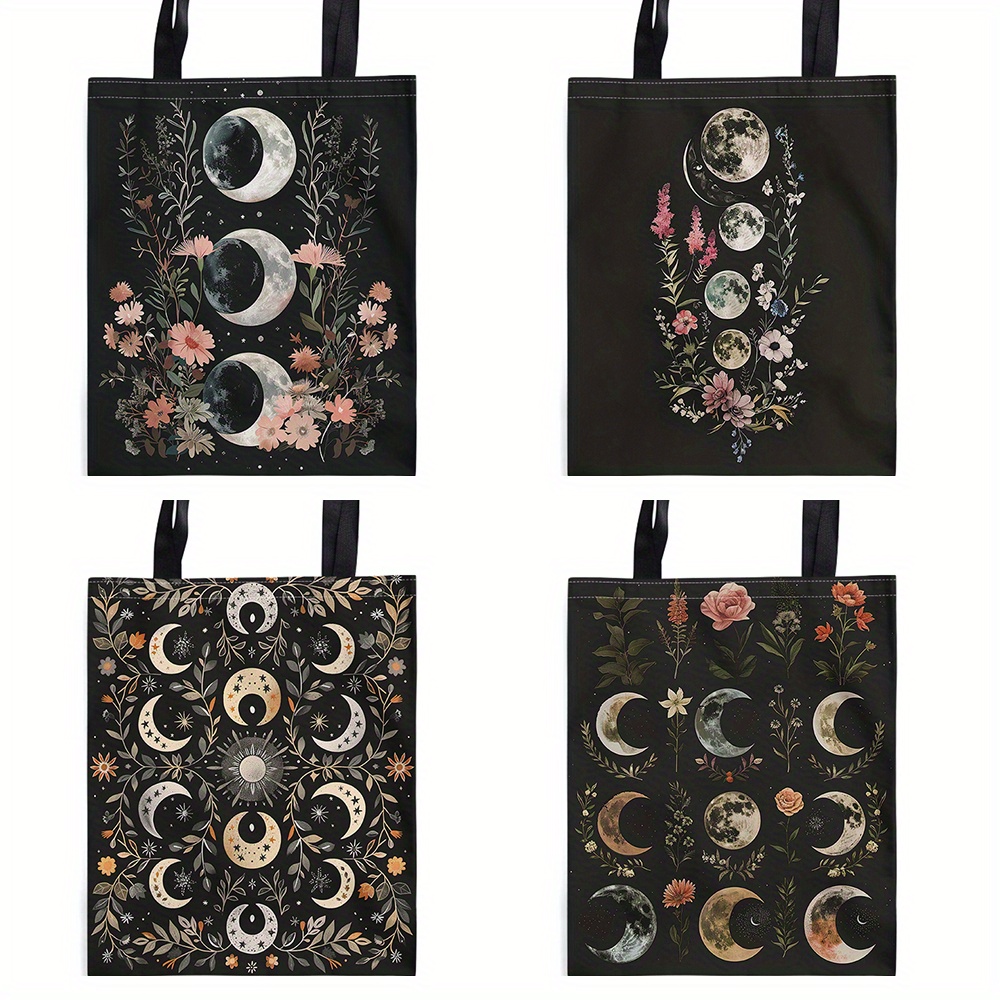 

1pc Canvas Tote Bag, Occult Moon Phases With Floral And Starry Sky Design, Shopping Bag, Retro Style, Lightweight Commuting Bag