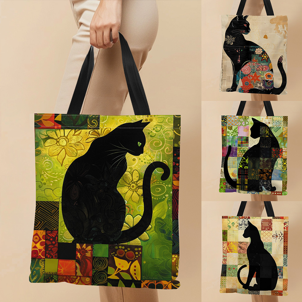 

1pc Cute Cat Pattern Canvas Tote Bag, 13.39 X 16.54 Inches, Shopping Shoulder Bag With Black Handle, Lightweight Daily Use Handbag