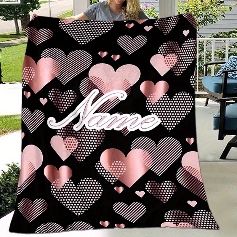 

1pc Custom Your Name Blanket, Personalized Love Pattern Text Blanket, Outdoor Travel Leisure 4 Seasons Nap Blanket