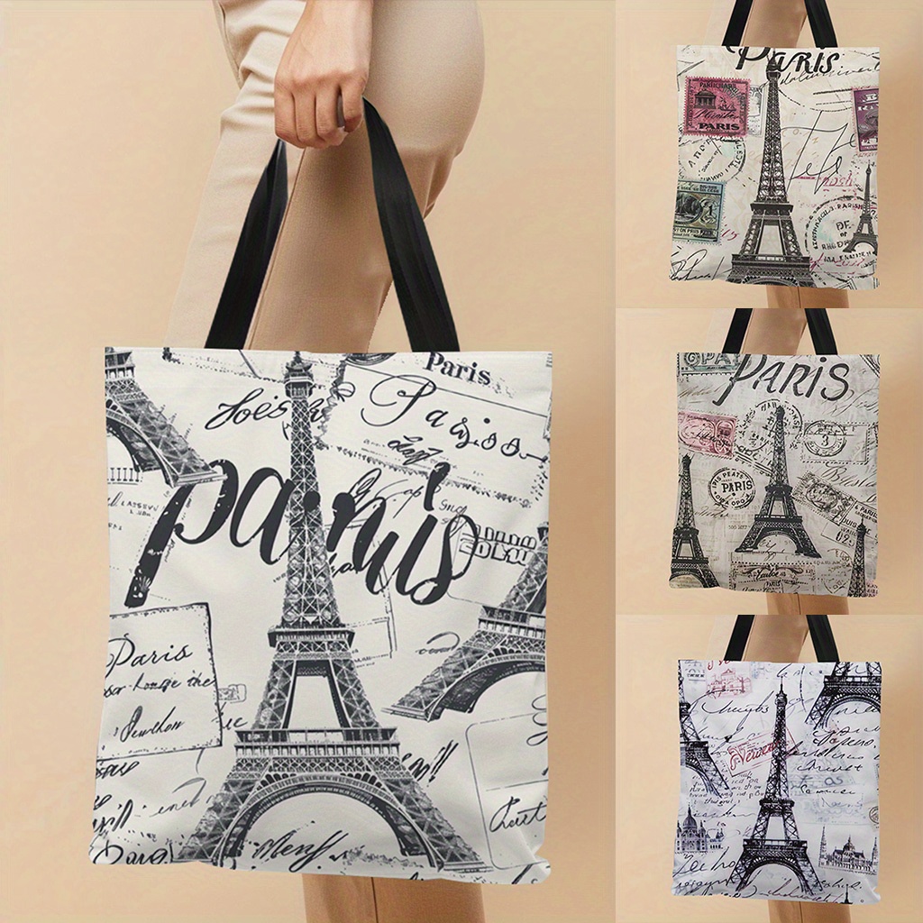 

1pc Paris & Stamps Pattern Tote Bag, Fixed Shoulder Straps, Monochrome Design, Shopping & Daily Use