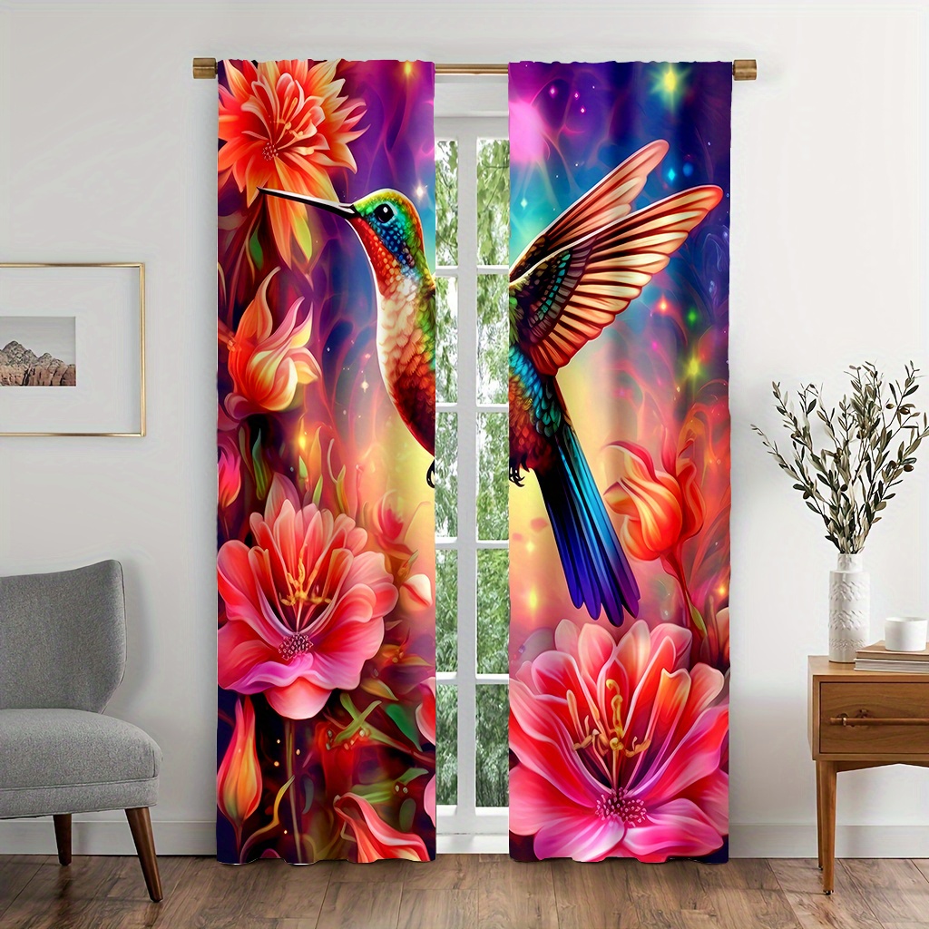 TEMU Ensemble de 2 rideaux de porte à motif fleurs et oiseaux, légère et aérée, pour chambre douillette, bureau chic, cuisine , salon accueillant et