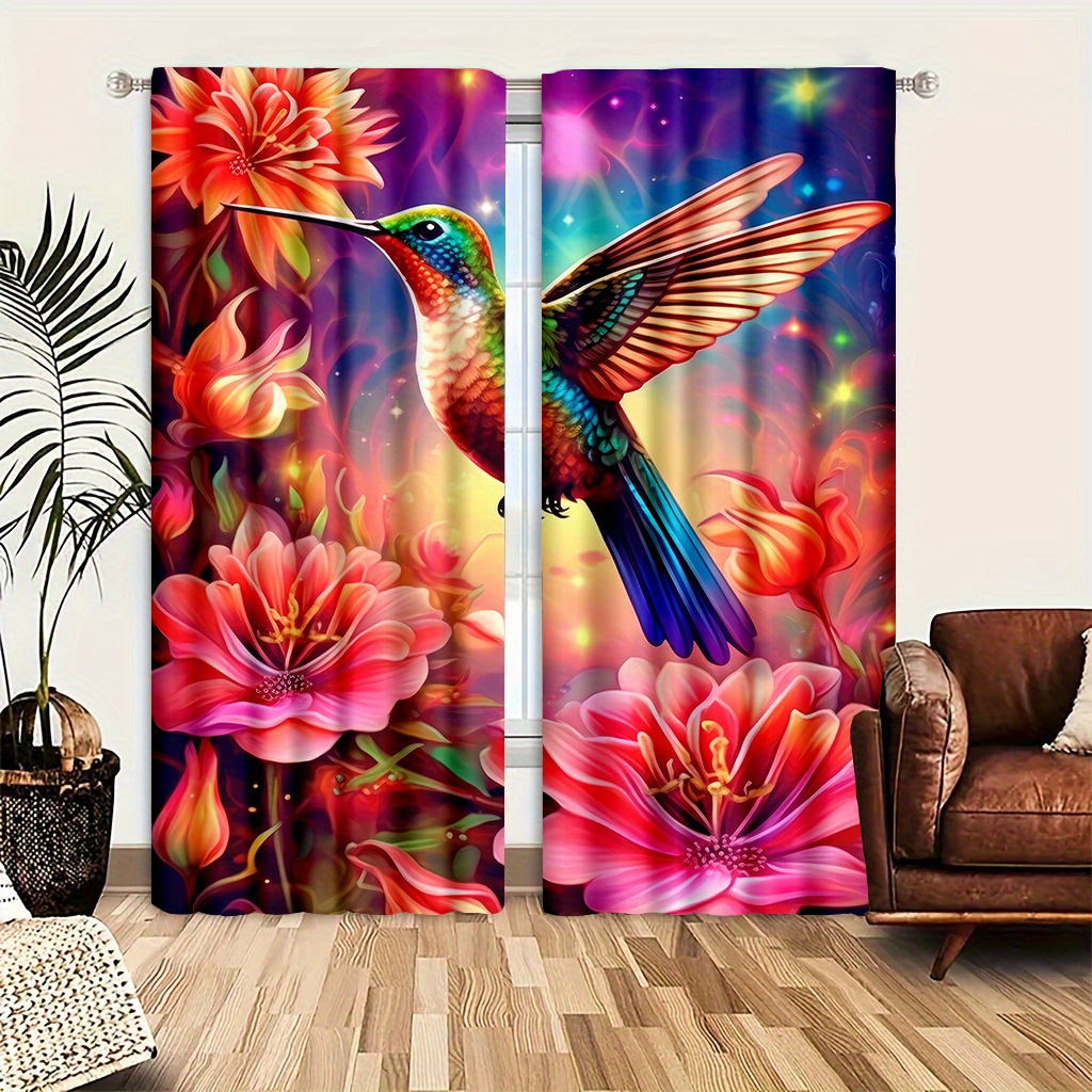 TEMU 2pcs/set Flower Bird Pattern Door Curtains, Light And Feel, For Cozy Bedroom, Chic Office, Stylish Kitchen, Living Room, And Study