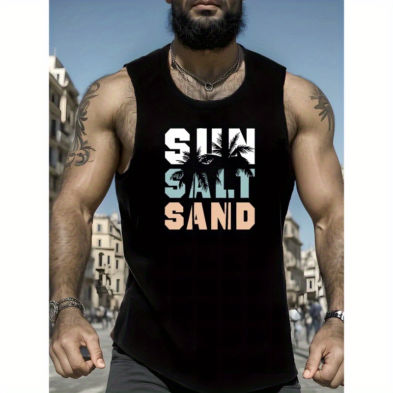 

Sun Salt Sand Creative Letter Print Men's Tank Top, Casual Sleeveless Athletic Tank Top, Breathable Comfy Tops For Daily Wear And Outdoor Wear