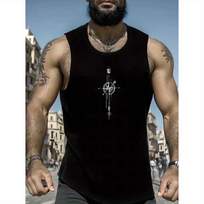 

Men's Breathable Polyester Sleeveless Vest With Compass & Geometric Print - Casual, Regular Fit, Machine Washable For Summer Outdoor Activities