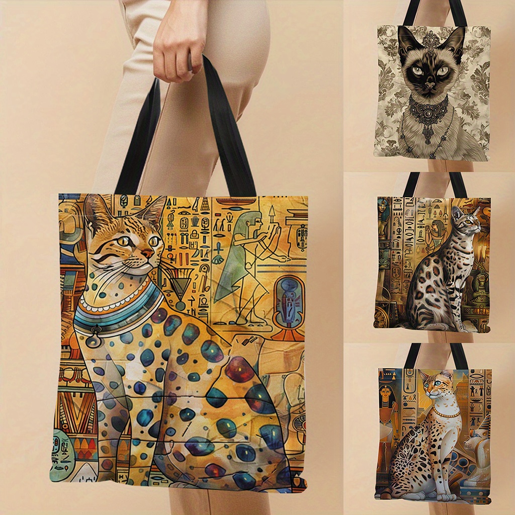 

1pc Ancient Egyptian Cat Printed Canvas Tote Bag, Lightweight, Shopping Bag With Sturdy Black Handles
