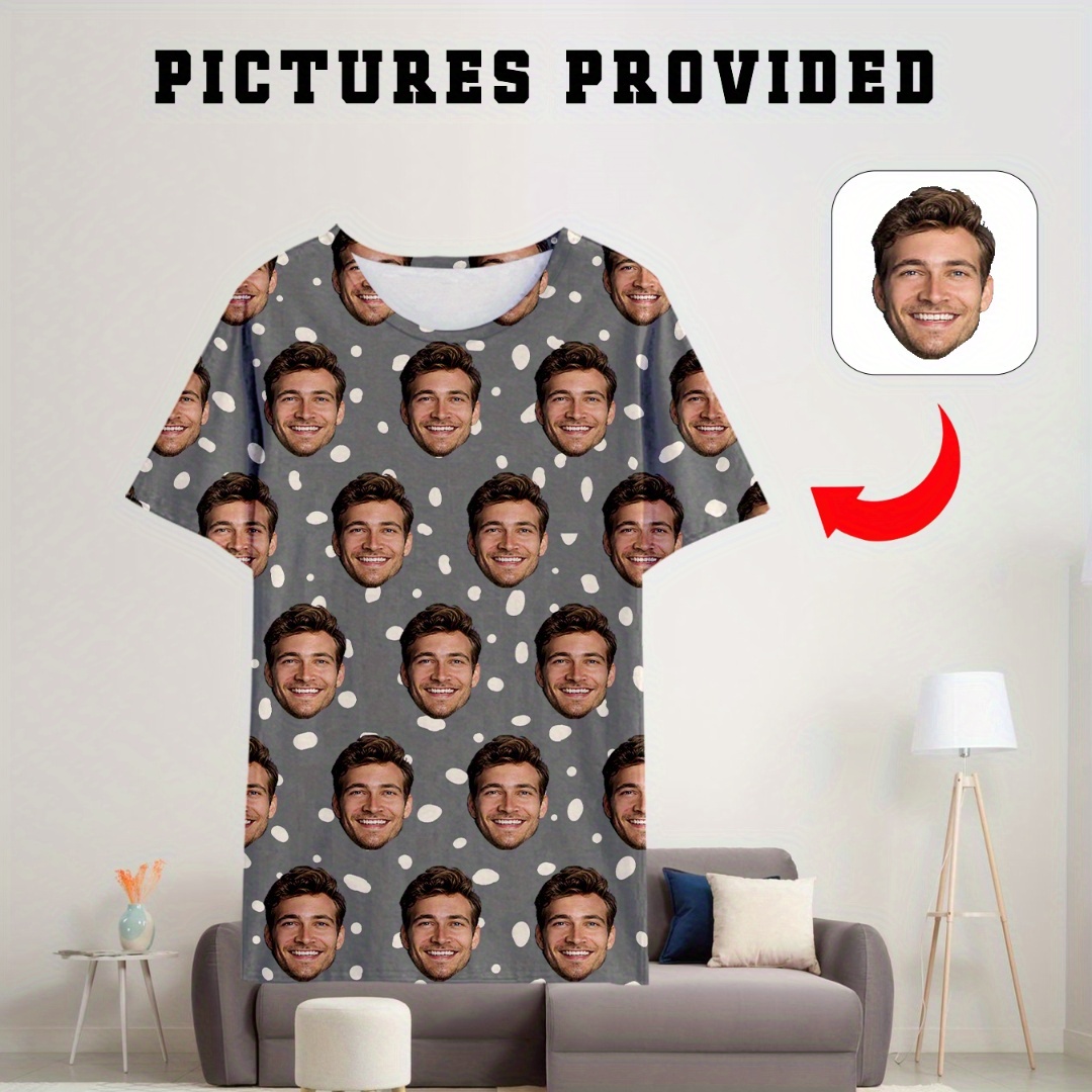 

Men's Face Print T-shirt With Personal Photo Customization, Comfy & Loose Short Sleeve Lounge Wear For Summer Daily Wearing