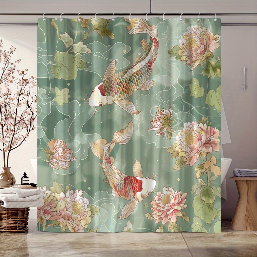 

1pc Colorful Swimming In The Pond, Chrysanthemums, Japanese Style Pattern, 12 Hooks Digitally Printed Polyester, Waterproof, Bathroom Decoration, Bathroom Accessories, Can Be Used As Curtain, 71*71in