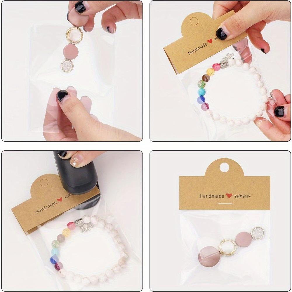 FAURAPMNG Lot 200 Sacs Bijoux Kraft + Transparents - Packaging "Fait Main Avec Amour" Pour Artisans