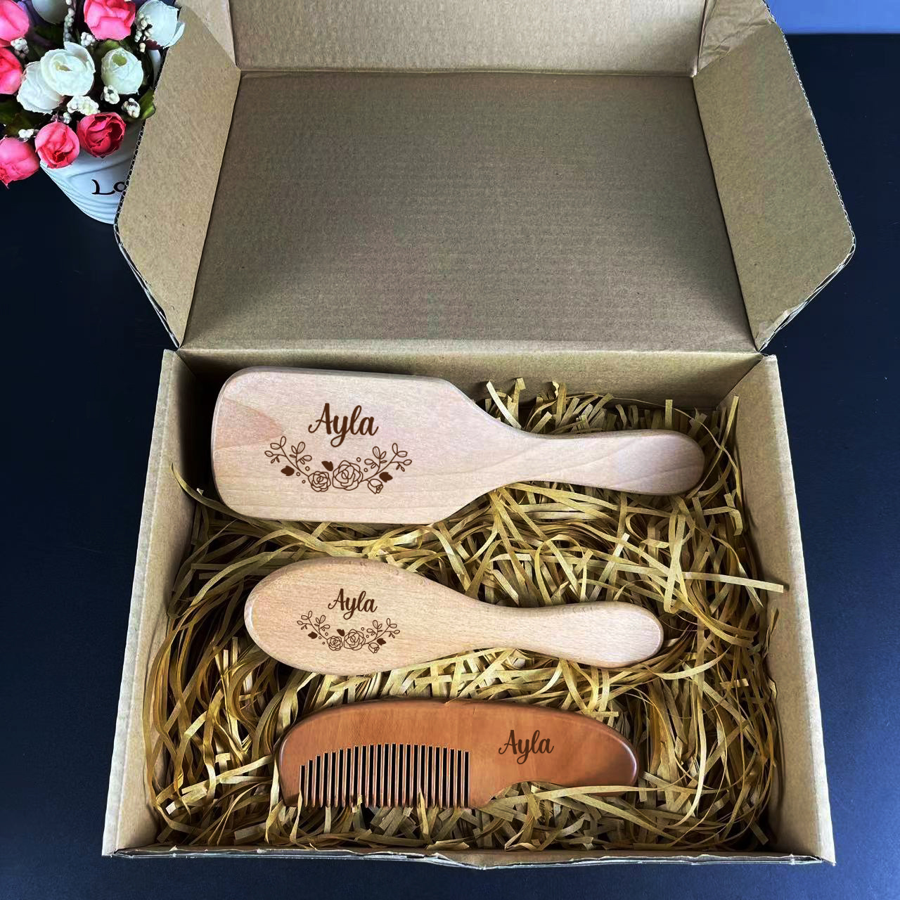 

3pcs/set Customized Name Hair Brush And Comb Set, Wooden Paddle Brush, Detangling Hair Comb, Comb, Wooden Hairdressing Comb With , Souvenir Gifts