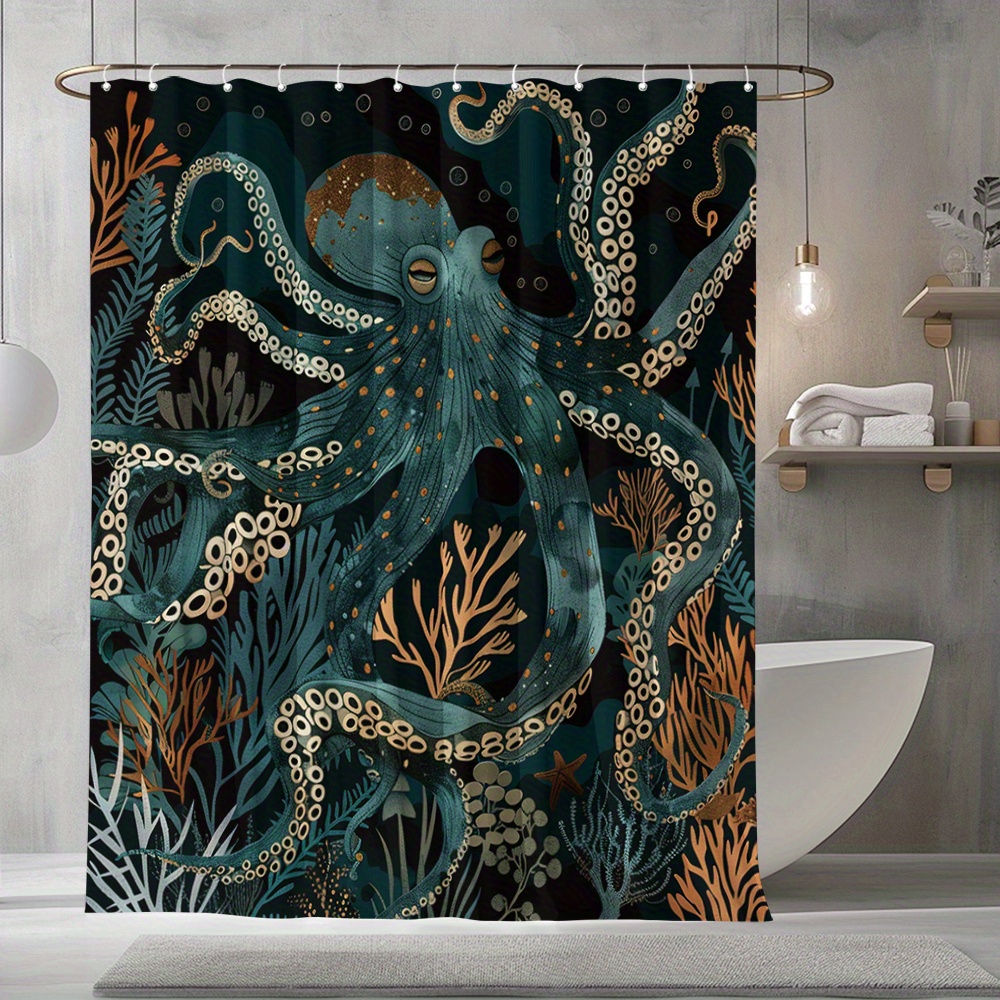 

Nautical Charm, Waterproof Octopus & Coral Print Shower Curtain With 12 Hooks - Polyester, Machine Washable, Bathroom Decor, 71x71 Inches