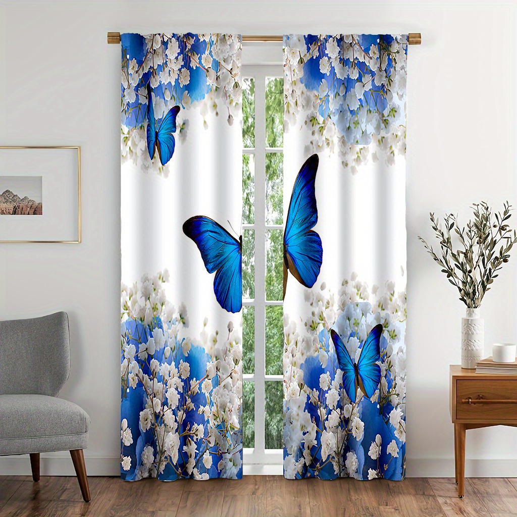 TEMU 2pcs Blue And White Flower Pattern Door Curtains Light And Feel For Cozy Bedroom Chic Office Stylish Kitchen Living Room And Study