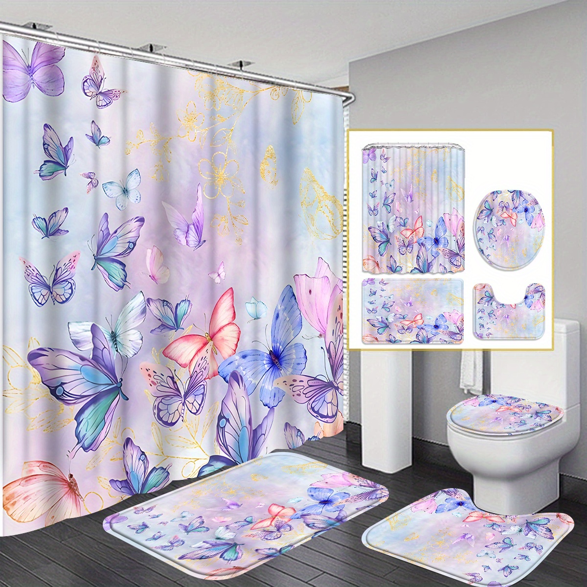 

1/4pcs Butterflies Pattern Shower Curtain Set, Shower Curtain With 12 Hooks, Non-slip Bath Mat, U-shaped Toilet Mat, Toilet Mat, Bathroom Decor Accessories