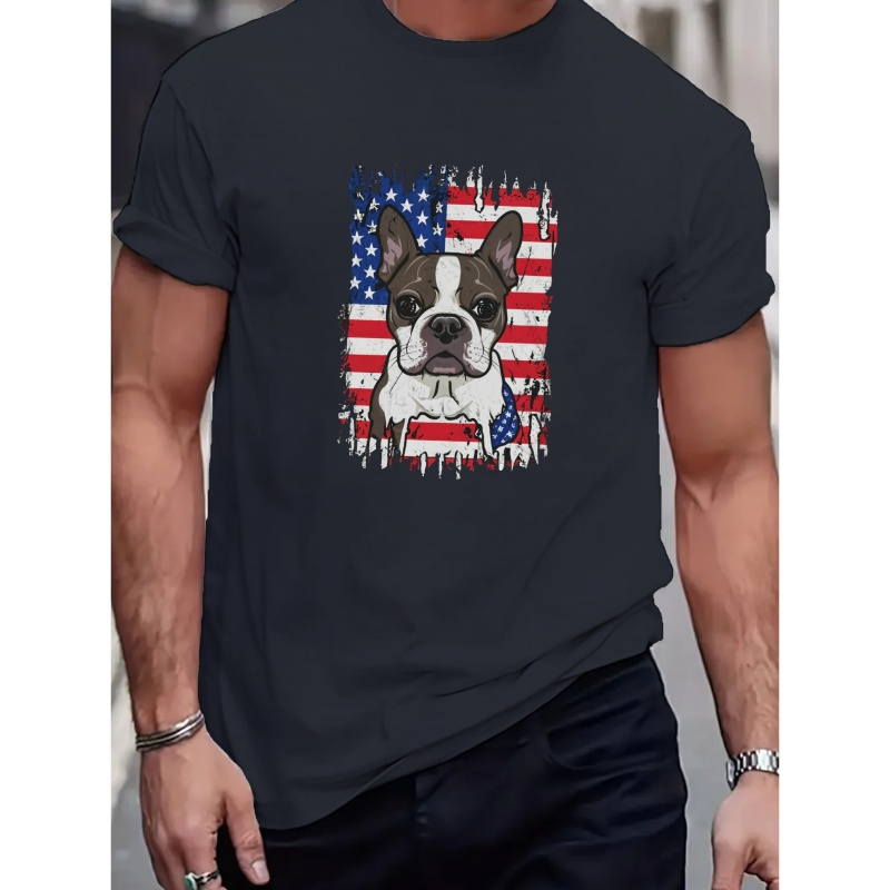 

American Flag Boston Dog Creative Print Men's Casual T-shirt, Summer Fashion Crew Neck Short Sleeve Top, Modern Streetwear Style For Men