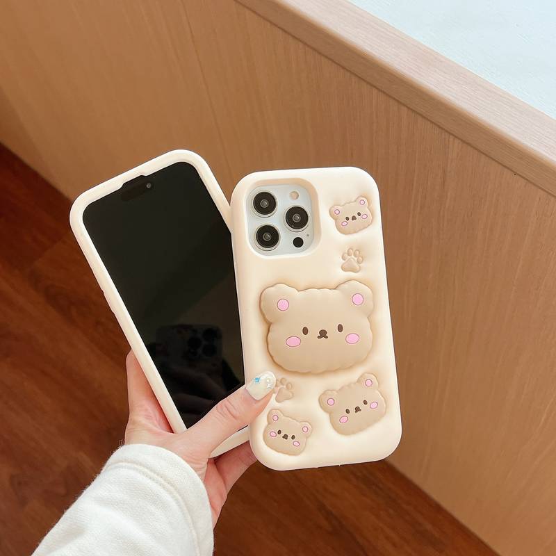 Sevimli 3D Pamuk Ayı Katlanabilir Telefon Kılıfı ve Standı iPhone 15/Pro/Max, 14/Pro/Max, 13/Pro/Max için - Kızlar için Yumuşak Silikon Koruyucu Kapak. ayrıntılar 3