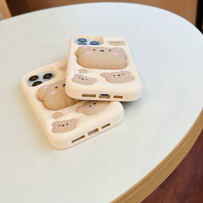 Sevimli 3D Pamuk Ayı Katlanabilir Telefon Kılıfı ve Standı iPhone 15/Pro/Max, 14/Pro/Max, 13/Pro/Max için - Kızlar için Yumuşak Silikon Koruyucu Kapak. ayrıntılar 1